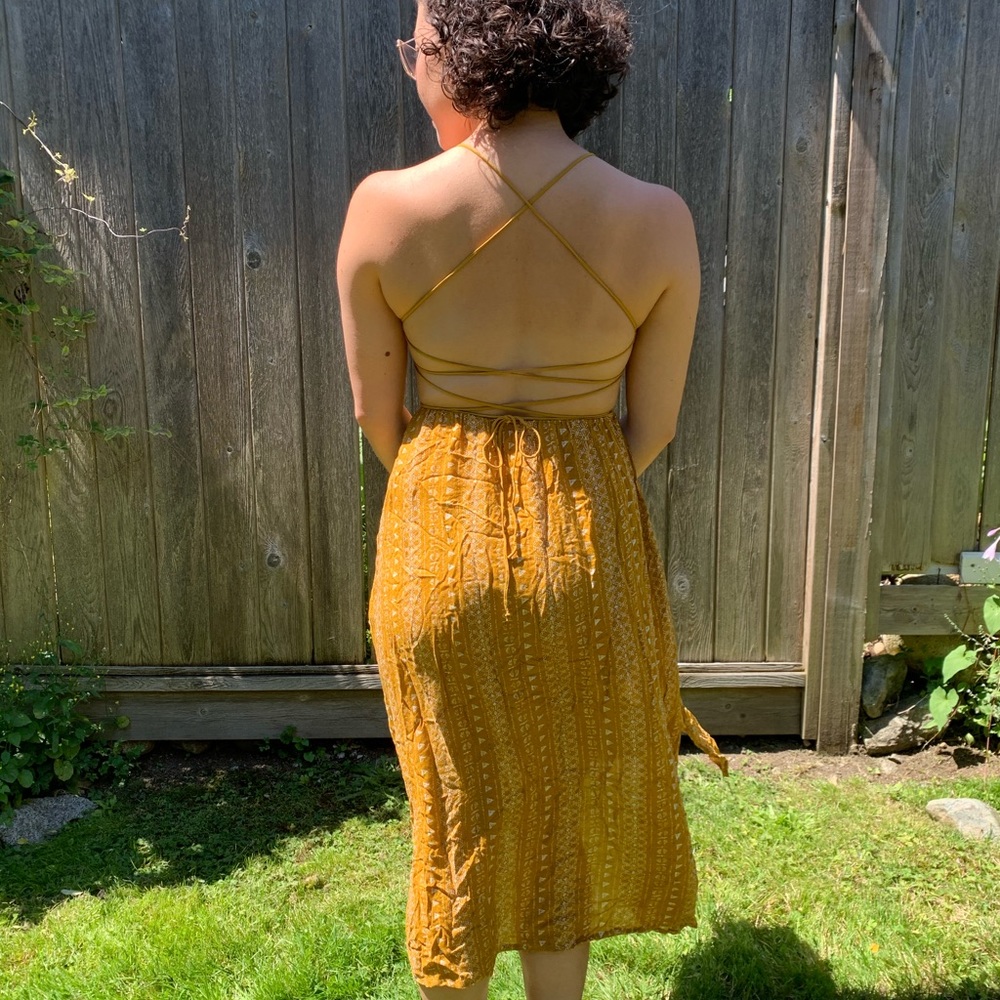 H&M Boho Silk Tie Back Dress in Mustard